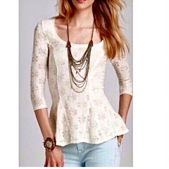 Free People Ivory Godet Daisy Lace Peplum Top Size Medium - Picture 1 of 10